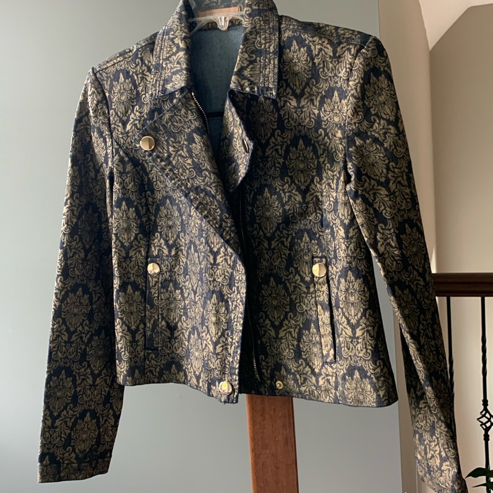 Ellen Tracy Moto Jacket in Black and Gold Print Denim Size XS NWT